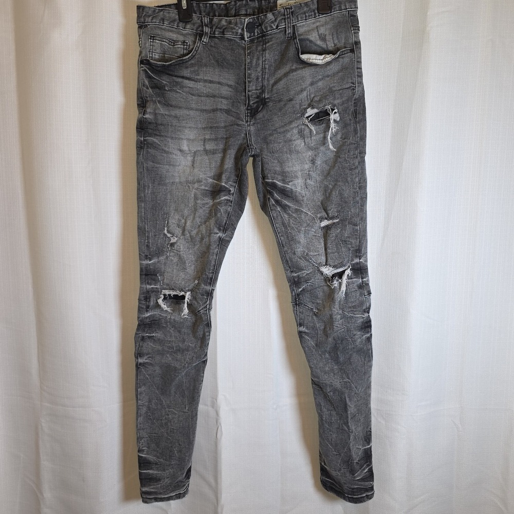 Smoke Rise Men's Size 34x32 Distressed Ripped Black Wash Denim Jeans Skinny